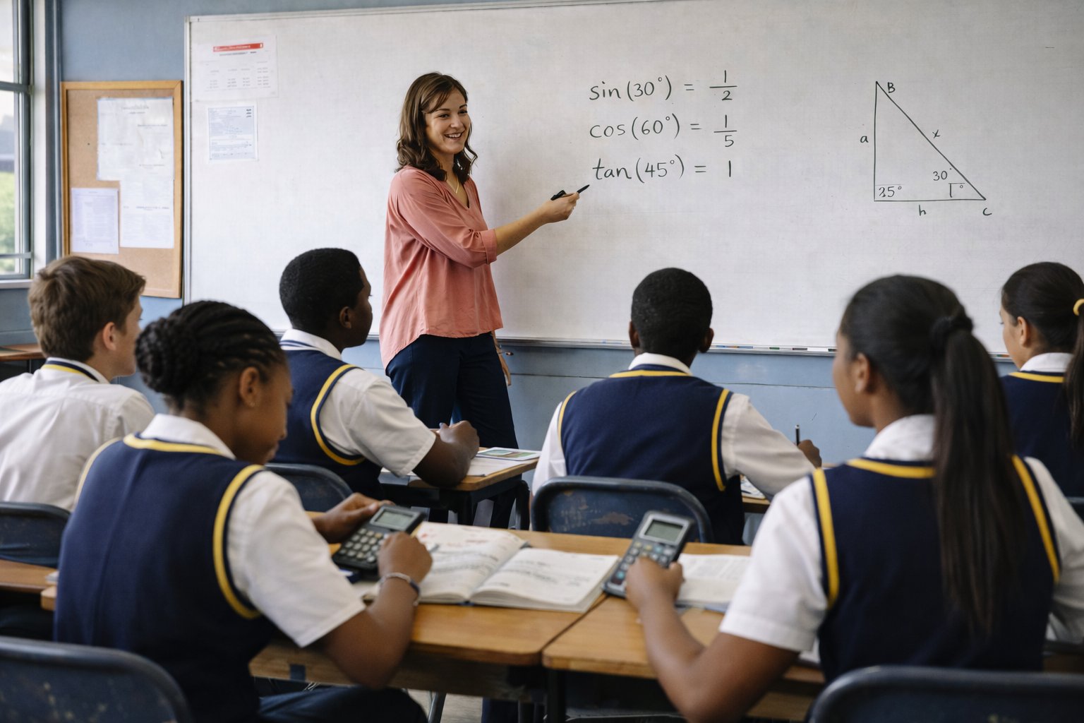 Mathematics teacher explaining trigonometry to Grade 12 learners in a South African classroom