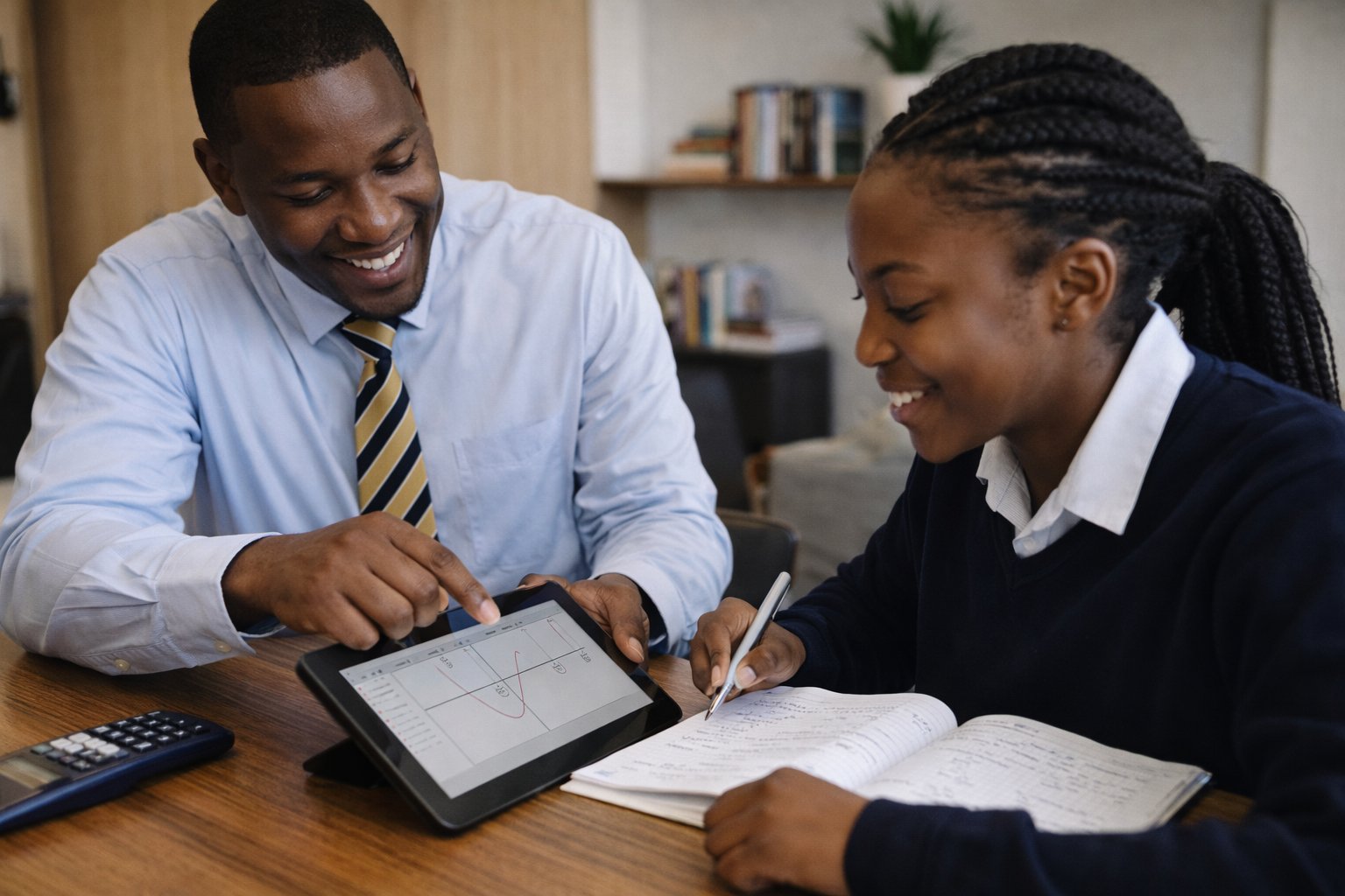 Chris Khomo tutoring a Grade 12 student through maths on a tablet in South Africa